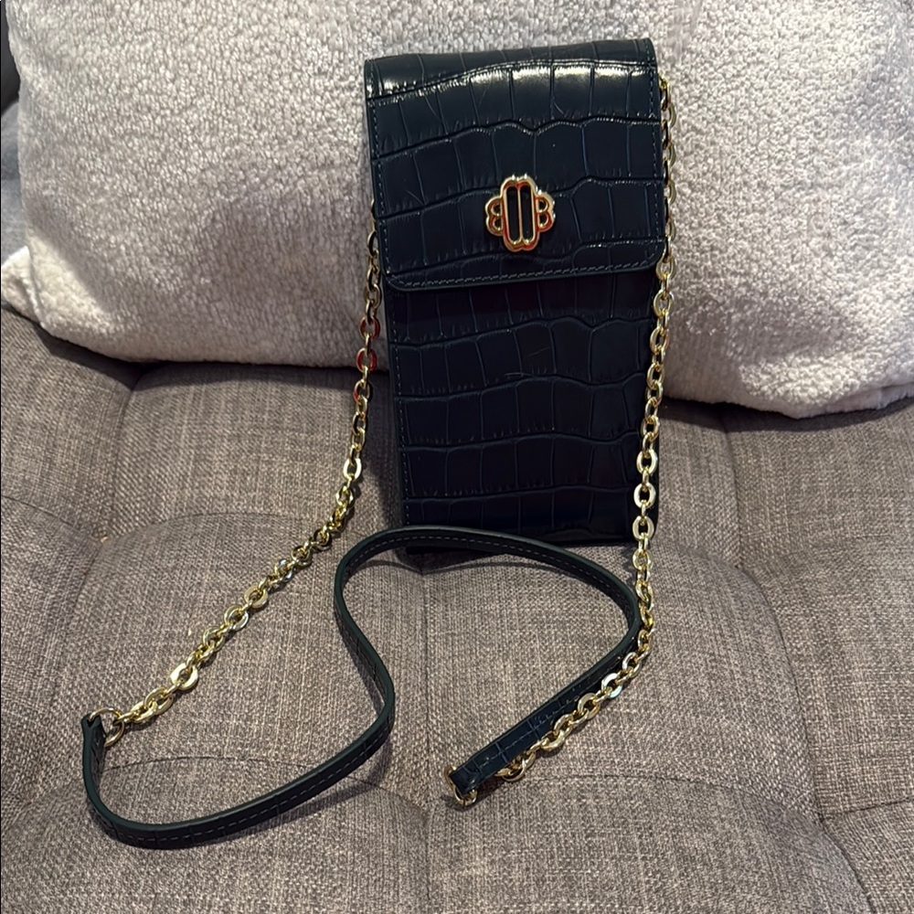 Maje Green and Gold Crossbody Bag with Croc Embossed Finish and Chain Strap